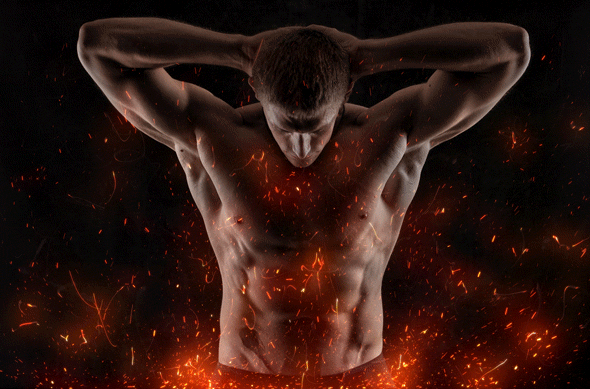 Bodybuilder with flames - Animated Fire Embers & Sparks Photoshop Action Sample 3