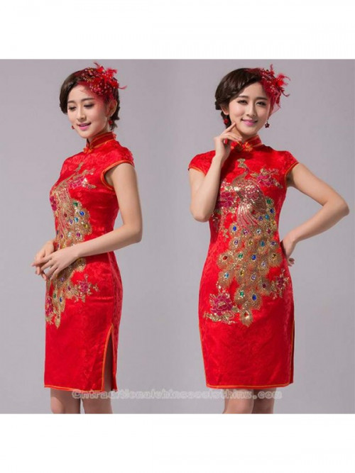 https://www.cntraditionalchineseclothing.com/embroidered-peacock-red-brocade-short-cheongsam-wedding-dress.html