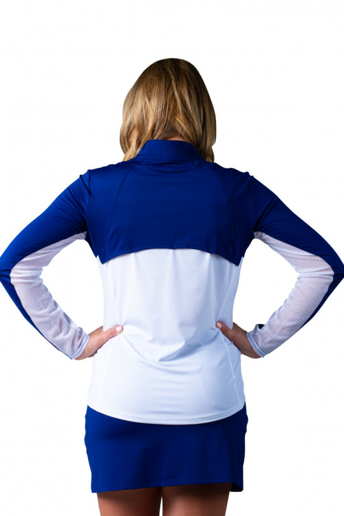 900436 Color Block Vented Back Zip Mock. Navy White. SanSoleil 2 (21) UV50