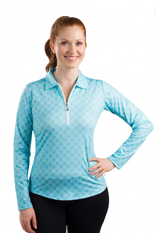 900462 SolCool Long Sleeve Print Polo Honeycomb Capri Blue SanSoleil UV 50 SPF 50 UPF 50 NEW (3)