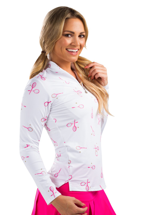 900463 SolCool Long Sleeve Print Zip Mock Match Play Pink SanSoleil UV 50 SPF 50 UPF 50 NEW (1)