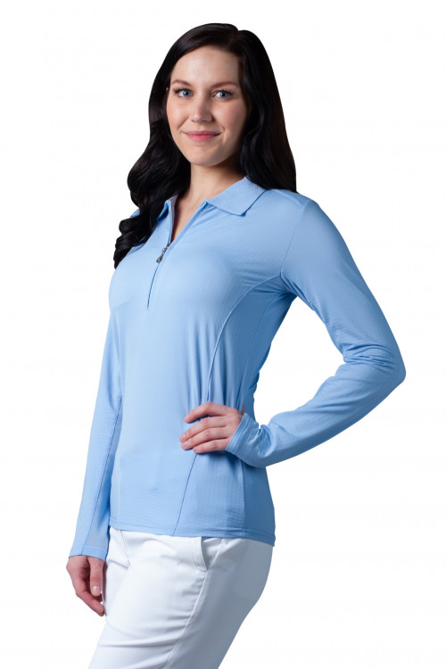 900601 SolTeK ICE Solid Zip Polo. Glacier Blue. SanSoleil (723) UV50