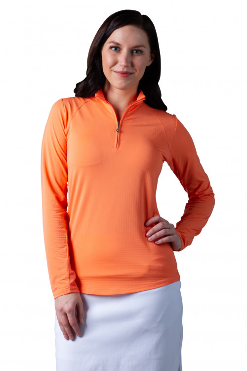 900602 SolTeK ICE Solid Zip Mock Top. Papaya Coral. SanSoleil (716) UV50