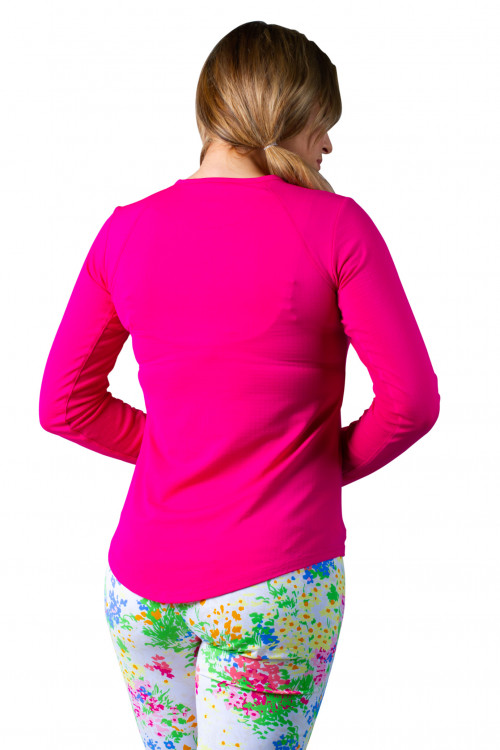 900603 SunGlow V Neck Solid Tennis Top. Fiesta Pink. SanSoleil 600 (8) UV 50