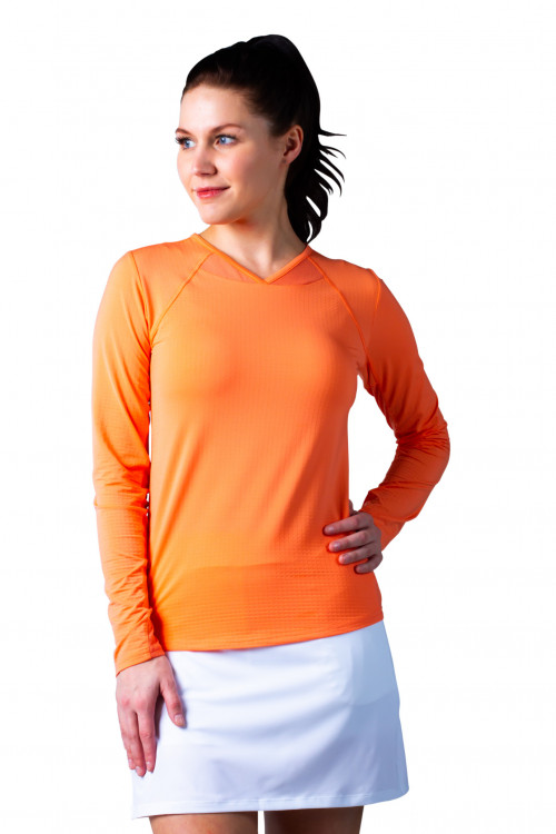 900603 SunGlow V Neck Solid Tennis Top. Papaya Coral. SanSoleil UV 50 (4)