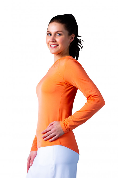 900603 SunGlow V Neck Solid Tennis Top. Papaya Coral. SanSoleil UV 50 (5)