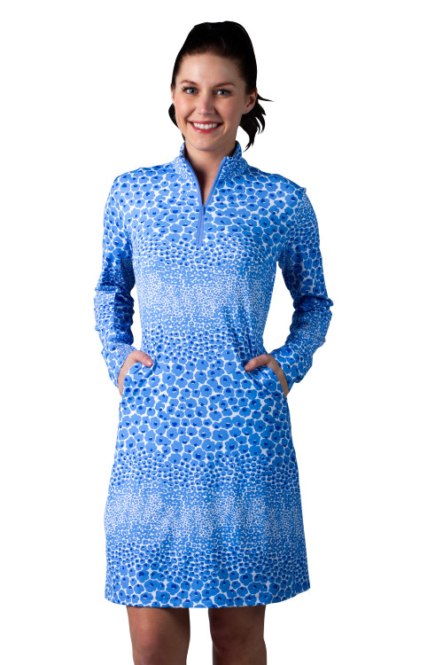 900720 C SolStyle ICE Zip Mock Long Sleeve Dress. Garland Cornflower Blue. SanSoleil (121) UV50