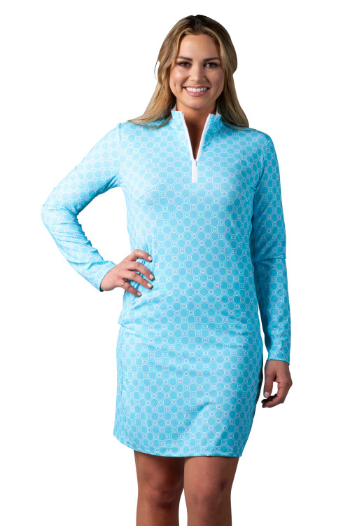 900720 C SolStyle ICE Zip Mock Long Sleeve Dress. Morocco Bermuda Blue. SanSoleil (100)