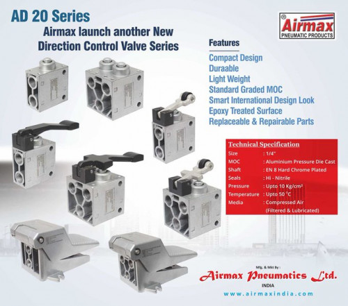 We Airmax Pneumatics Ltd well known Directional Control Valve manufacturer and exporter in India. Since 1992 we have carried on serving the pneumatic industry with durable and high-quality products. visithttps://www.airmaxindia.com/products/pneumatic-directional-control-valve/ad-20-series/