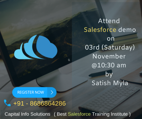 Attend #Salesforce demo on 03rd (Saturday) November at 10:30 am by Satish Myla
#SalesforceAdmin
#SalesforceDevelopment
#SalesforceLightning
#SalesforceIntegration
Call: 8686864286 
For more information 
Visit : 
https://bit.ly/2KwY2ST