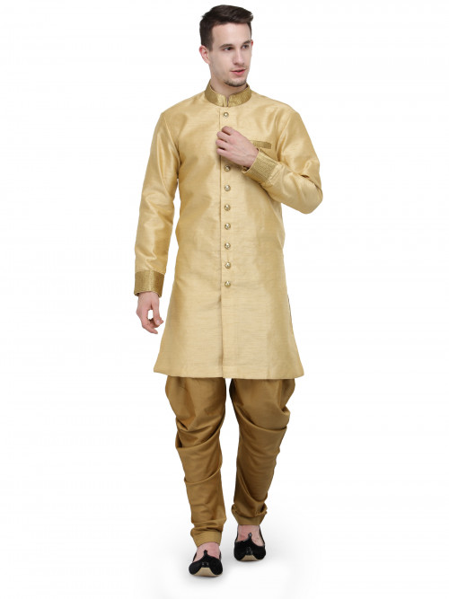 Beige And Gold Plain Achkan Sherwani For Men is an RG Designer Brand which has zari work on it. http://bit.ly/2OPc2yt