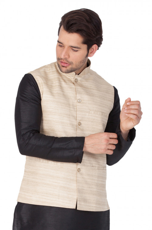 This Beige Cotton Blend Nehru Jacket is stylish and comfortable to wear for any occasions. http://bit.ly/2CQsOpQ