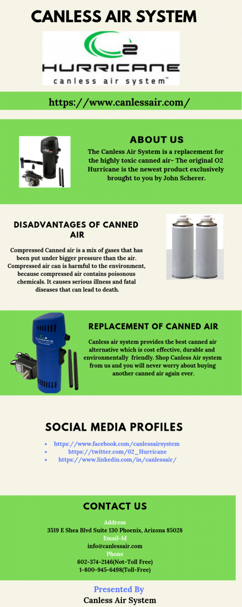 Canless air system provides the best canned air alternative which is cost effective, durable and  environmentally  friendly. Shop Canless Air system from us and you will never worry about buying another canned air again ever.Visit,https://bit.ly/2Pt8Qbv