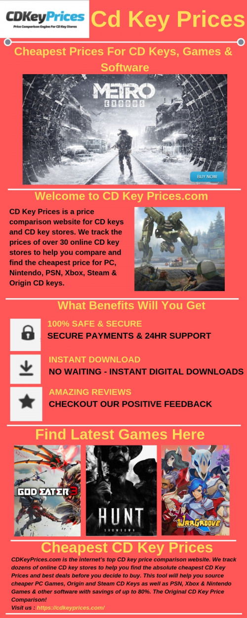 You can Save time & money by comparing PC CD keys & game code prices & digital downloads online. Buy, Download and Play Instantly for the Cheapest CD Key Prices & Start Playing in Minutes. The Original CD Key Price Comparison!You will find absolute cheapest CD Key Prices here : https://cdkeyprices.com/