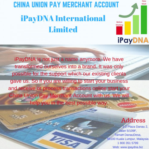China Union Pay merchant account can prove to be really beneficial as it lets you make transactions with more than 100 countries around the world. So, if you are also willing to set up such an account for your business, visit ipaydna anytime and choose the most suitable service for yourself. For more details, visit: http://ipaydna.biz/merchant.php