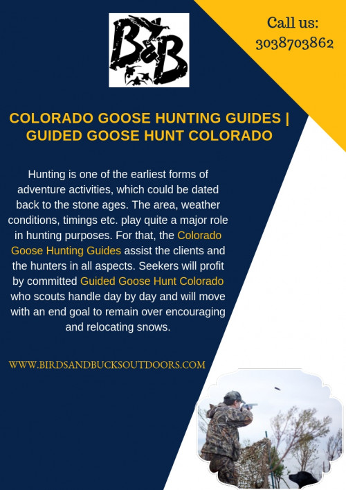 Many hunting grounds just do not have official Colorado Goose Hunting Guides, which obviously means that there is a likelihood of you coming across self-proclaimed guides. The Guided Goose Hunt Colorado also assists the hunters in enhancing the hunting experiences of these hunters. This is going to help you to establish the trust between you and the goose hunting guide. 

https://www.birdsandbucksoutdoors.com/colorado-goose-hunting-guides