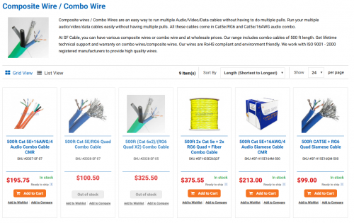 Buy Composite Wire / Combo Wire 500 ft CAT5E / RG6 Quad combo online. Competitive prices & Quick delivery.  At SFCable, you can have various composite wires or combo wire and at wholesale prices. Our range includes combo cables of 500 ft length. https://www.sfcable.com/composit-wire-bulk.html

Get lifetime technical support and warranty on combo wires/composite wires. All these cables come in Cat5e/RG6 and Cat5e/16AWG audio combo. Our wires are RoHS compliant and environment friendly. We work with ISO 9001 - 2000 registered manufacturers to provide high quality wires.