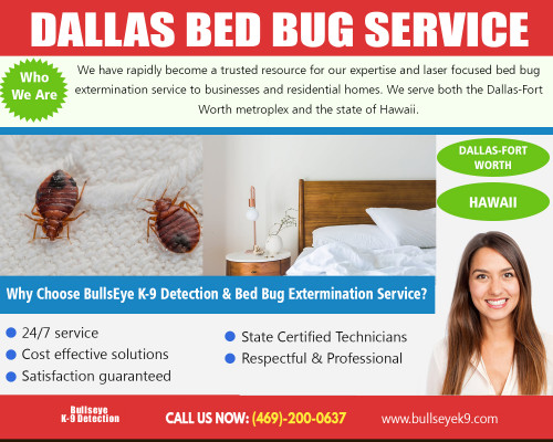 Dallas bed bug service most effective way to kill bed bugs at http://www.bullseyek9.com/services/dallas-fort-worth-bed-bug-extermination/

Find Us : 
https://goo.gl/maps/CtY8hjzJCAs

Although the best hiding spot may appear to be on the mattress, these parasites can hide in a multitude of places. They can be in carpeting, furniture, and also in the bed frame itself. They will wait until you are asleep, drink your blood, then return to their hiding place when they are full. Extermination companies will eliminate all of the creatures from your home, probably with the use of pesticides. Dallas bed bug service treatments will kill the insects in your mattress, using appropriate insecticides which will end the infestation.

Our Services :

Bed bug exterminator dallas
Dallas bed bug service
DFW bed bug removal
Fort worth bed bug extermination

Address   : Frisco, TX, USA
Contact Us  : +1 469-200-0637
Visit Our Website : http://www.bullseyek9.com/

Follow us on Social Media :

https://www.facebook.com/Bulls-Eye-K9-Detection-1939638712938556/
https://twitter.com/bullseyek9detec
https://www.instagram.com/bedbugdetector/
https://www.pinterest.com/bedbugremoval/
https://www.youtube.com/channel/UC9X-tv139TEjTuWfIrevYeg
https://plus.google.com/101417159770663203427