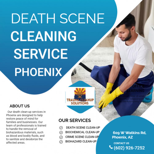 Our death clean-up services in Phoenix are designed to help restore peace of mind for families and businesses. Our team of professionals is trained to handle the removal of biohazardous materials, such as blood and bodily fluids, and to sanitize and deodorize the affected areas. 

Visit: https://goo.gl/maps/ck3a9A3b7BSLdzvi8