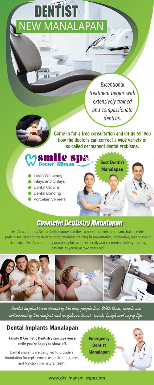 Save Your Smile With an Emergency Dentist in Manalapan at https://goo.gl/maps/wSUXG4romwn

Products/Services–  :	general dentistry, cosmetic dentistry, oral hygiene, porcelain veneers, dental implants, bridges, family dentistry

Year Established:	2002

Choosing a proper Emergency Dentist in Manalapan is also extremely important. You cannot just walk up to any random person, and that is why it is essential to check the credentials of the emergency dentist. Unless and until you know for sure that the person holds a proper degree and a valid license, you should not depend on him. Your teeth are an extremely vital part of your body, and hence it is entirely your responsibility to ensure that you go to the right person.

For more information about our services click below links: 
https://www.reddit.com/user/dentistnewmanalapan
https://archive.org/details/@dentistnewmanalapan
https://www.plurk.com/dentistnewmanalapan
https://kinja.com/dentistnewmanalapan
https://dentistnewmanalapan.netboard.me/
https://www.thinglink.com/dentistnewmanala/videos
https://enetget.com/dentistnewmanalapan

Contact Us:     Dr Silman Smile Spa
270 Route 9 North, Manalapan Township, NJ 07726, USA
Phone Number:	(732) 577 1515
Fax:		732 577 1515
Website:	https://www.drsilmansmilespa.com/contact-us/
Email Address:	drsilmannj@gmail.com

Hours of Operation:	Mon 9.30am-6.00pm tues 9.30am-8.00pm wed 9.30am-8.00pm thurs 9.30am-8.00pm fri 9.30am-4.00pm sat 8.30am-2.00pm sun closed