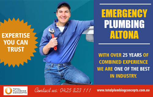 Emergency Plumbing Werribee with an extensive range of equipment and knowledge AT http://totalplumbingconcepts.com.au/point-cook-plumber/
Find us on our google map : https://goo.gl/maps/cboqq44i2q12

Almost all houses have plumbing in one form or another. And how well the plumbing works is very important. Properly installed plumbing prevents water and gas leaks. Every household needs plumbing service once in a while. Be it for general overall inspection or to fix a particular problem. Emergency Plumbing Werribee system can lead to a dirty kitchen; leaking pipes can spoil your living room carpet. Thus, it’s important that your overall plumbing is in good condition.
Social : 
https://plumberwerribee.netboard.me/
https://en.gravatar.com/plumberhopperscrossing
http://plumberwerribee.strikingly.com/
https://www.twitch.tv/plumberwerribee

Street Address — 35 Waters dr Seaholme
Suite/Office — 2/21Gervis dr, Werribee, Victoria, 3030
Primary Phone Number — 0425823111
Primary Email — Info@totalplumbingconcepts.com.au