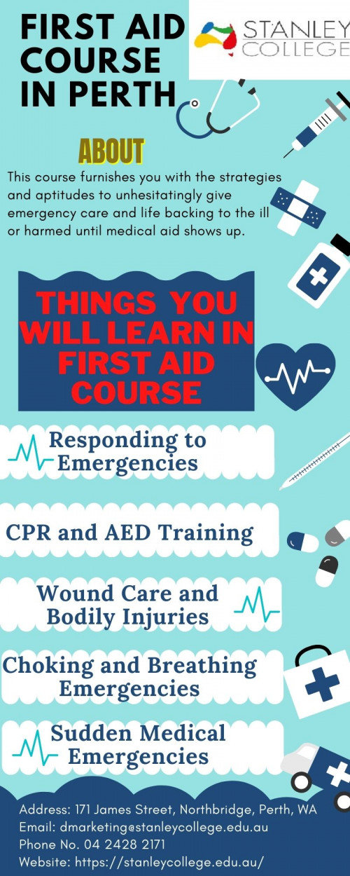 Are you seeking a career in the first aid sector? Enrol at First aid course (CRICOS Course Code: 097582D) Perth at Stanley College (CRICOS Code: 03047E | RTO Code:51973). With the help of our First aid course, students will acquire a wide range of knowledge and practical skill such as casualty assessment, decision making, and basic life support requirements. For more information, visit us online.
https://stanleycollege.edu.au/courses/hltaid003-provide-first-aid-course/