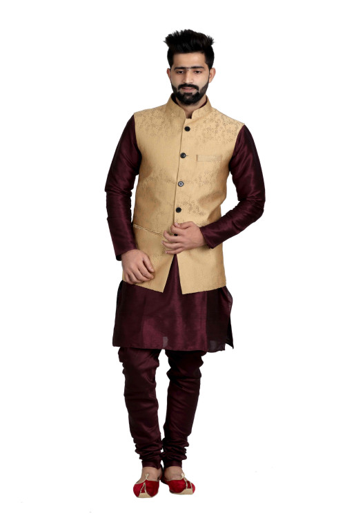 This Gold Dupion Silk Printed Nehru Style Jacket is perfect to wear for any traditional events. http://bit.ly/2QELAVL