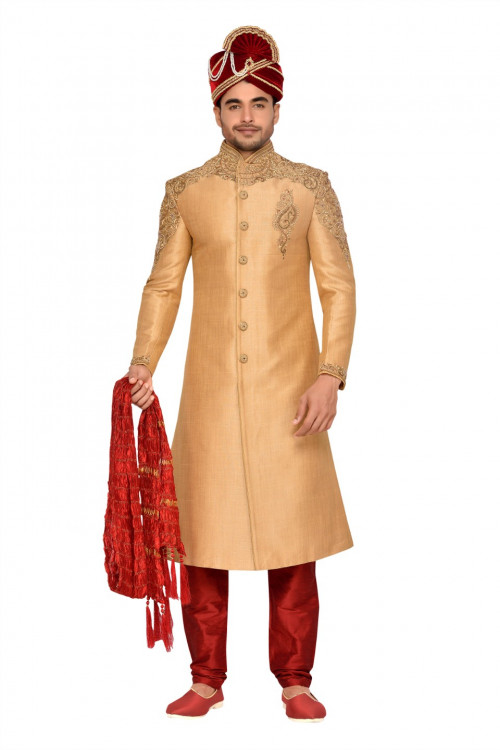 This Gold Jharna Silk Wedding Sherwani has churidar as bottom style which looks amazing. http://bit.ly/2OOCF2q