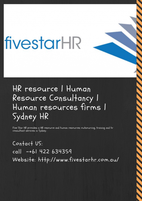 We are based on Sydney’s Northern Beaches, Kirsty Peters is the Managing Director and Founder of Five Star HR. We offer Outsourcing human resources, Hr consultancy services and Hr outsourcing service in Sydney. Visit at: http://www.fivestarhr.com.au/