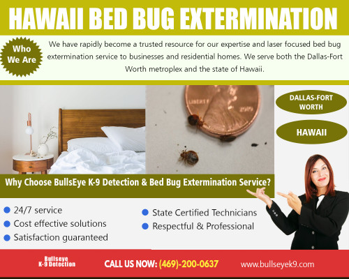 Hawaii bed bug control expert use highly specialized tools to treat bed bug infestations at http://www.bullseyek9.com/services/hawaii-bed-bug-extermination/

Find Us : 

https://goo.gl/maps/CtY8hjzJCAs

Eradicating bed bugs entails a considerable amount of preparation, which includes removing infested blankets and bed sheets, then washing and drying them as well as placing them in large bags or separating them in other ways to prevent them from getting infected again. This means that you need to get rid of mattresses or move furniture. Professional Hawaii bed bug control exterminators see to it that the entire process is clearly explained to their clients, including the importance of each step.

Our Services :

Bed bug exterminator hawaii  
Hawaii bed bug services 
Hawaii bed bug control
Hawaii bed bug extermination

Address   : Frisco, TX, USA
Contact Us  : +1 469-200-0637
Visit Our Website : http://www.bullseyek9.com/

Follow us on Social Media :

https://www.flickr.com/photos/bedbugremoval/
https://www.slideshare.net/Bedbugremoval
https://www.instagram.com/bedbugdetector/
https://www.pinterest.com/bedbugremoval/
https://www.youtube.com/channel/UC9X-tv139TEjTuWfIrevYeg