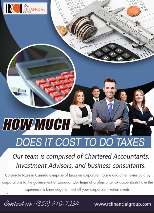 How much does it cost to do taxes on the subjective value AT https://rcfinancialgroup.com/cost-to-get-your-taxes-done/
Find us on Google Map : https://goo.gl/maps/LHXAG1xRSU92
If you look at your tax situation and conclude that professional tax help will benefit you, a tax accountant can give you expert tax advice, tax planning, and representation. Their job is tax planning and helping the client legally pay a minimum of taxes. Use your due diligence in finding a tax accountant in your area. 
Social :
https://start.me/p/8yKzdG/tax-preparation-fees-canada
https://itsmyurls.com/vaughanaccount#
https://www.allmyfaves.com/mississaugaaccount/

ADDRESS — 1290 Eglinton Ave E, Mississauga, ON L4W 1K8
PHONE: +1 855–910–7234
Email: info@rcfinancialgroup.com