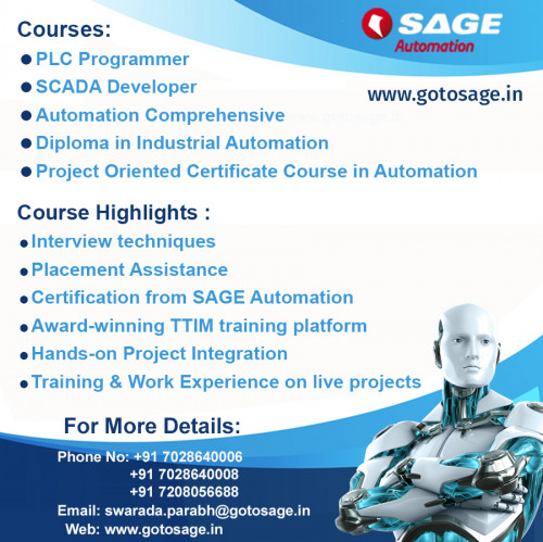 Sage Automation is India’s Leading Industrial Automation, PLC, SCADA courses providing training Institute located in Thane Mumbai. We Provides World Class Training in PLC, SCADA and Industrial Automation field Which will help you to make an informed choice about what to for your career in the future. Enroll today in an Automation Training and development course. Gain new skills and enhance your professional career today!  For more details: http://www.gotosage.in/ Or http://www.gotosage.in/contact-us.php Or Contact On: +91 7208056688 / 022-65556688.
