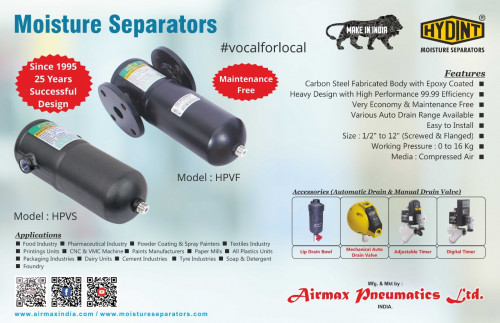 Airmax pneumatics ltd manufacturer and exporter of moisture separators in India. They provide various varieties in moisture separators as per their performance. Visit https://www.airmaxindia.com/products/moisture-separators/