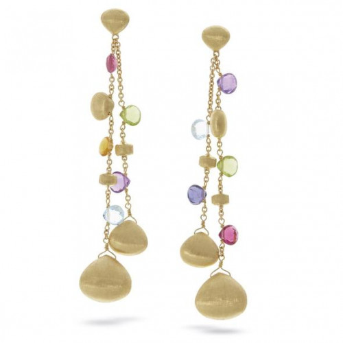 A timeless and playful Marco Bicego classic, these 18K yellow gold drop earrings with tabeez cut multi-colored semi-precious gemstones.