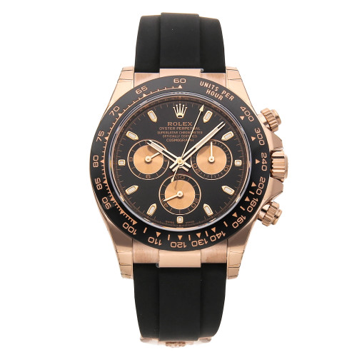 Pre-Owned Rolex Daytona self-winding automatic watch, features a 40mm 18k Everose gold case with a black Cerachrom bezel surrounding an black dial on a black Oysterflex bracelet with an 18k Everose gold deployant buckle About the Brand No name in the watch world approaches the stature of Rolex Literally a synonym for quality and a household name that transcends the watch industry, Rolex is both an impeccable manufacture of segment-leading products and an article of international pop culture.