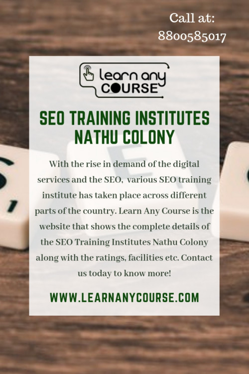 With the sheer rise in popularity of the SEO courses, numerous SEO Coaching Centers have been developed in various parts of the country. For such reasons, Learn Any Course is a convenient website which assists the clients to search for the best SEO Training Institutes Nathu Colony. Visit us now!

https://www.learnanycourse.com/in/search-institute/seo/nathu-colony