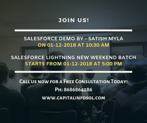 Join us!
#Salesforce #DEMO By - #SatishMyla
On 1st-Dec-2018 at 10:30 AM
Salesforce #Lightning By - #SatishMyla
New #Weekend #Batch Starts From 
1st-Dec-2018 at 5:00 PM
@https://bit.ly/2KwY2ST
Call: 8686864286
#salesforcetraining #onlinetraining #admin #development #integartion #lightning #salesforceonlinevideos #interviewprepartion #resumepreparation #placementassistance #certificationsupport