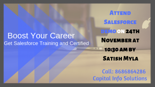 Attend Salesforce demo on 24th November at 10:30 am by Satish Myla
#Admin
#Developer
#Integration
#Lightning
Online and Classroom Training
Call: 8686864286
Visit: https://www.capitalinfosol.com/
Address: Shyamla plaza, Behind Mythrivanam, Satyam Theatre Rd. Ameerpet, Hyderabad