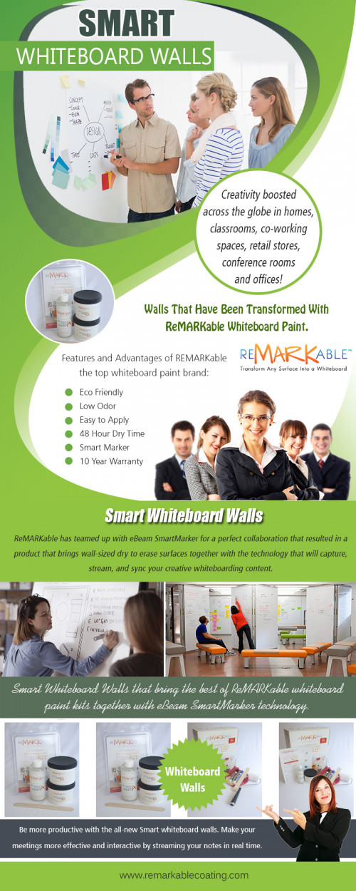 Smart Whiteboard Walls will result in tremendous productivity at https://www.remarkablecoating.com/smart-whiteboard-walls/

Services:-
smart whiteboard
smart whiteboard walls
whiteboard walls
whiteboard walls
dry erase walls		

For more information about our services, click below links-
https://www.remarkablecoating.com/how-it-works/
https://www.remarkablecoating.com/whiteboard-wall-meetings-productive/

With a wise white boards wall, you can have a joint and also useful meeting with all of the essential sections any place they remain in the world. Making use of the eBeam SmartMarker on your Amazing white boards wall, you can stream your whiteboard notes, brainstorms and also doodlings to every person's device and live online, wherever they are. Be extra productive with the all-new Smart Whiteboard Paint Kit surfaces. Make your conferences much more efficient as well as interactive by streaming your notes in real time. Slide an everyday marker right into the sleeve and anywhere you go, whatever you compose, with whatever tool you use, you as well as your group can team up with each other quickly.

Contact Us:- 8009362159

Social:
https://profiles.wordpress.org/dryerasepaint
https://www.instagram.com/whiteboardpaint/
http://www.alternion.com/users/whiteboardpaint/
https://www.behance.net/WhiteboardPaint
https://www.4shared.com/u/H1Mo7v8l/sinabitter7184.html