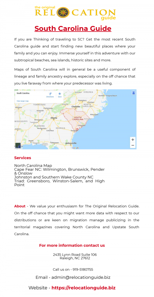 Make this your best trip to South Carolina. Know all the famous places to visit in South Carolina. Get the Free digital or a printed South Carolina Guide from us. Visit The Original Relocation Guide.
http://relocationguide.biz/