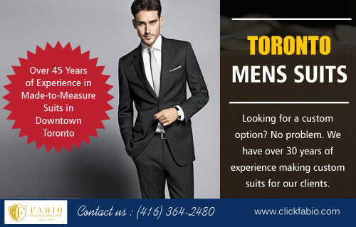Tailored Suits in Toronto is trendy for ceremonies and weddings at https://www.clickfabio.com/ 

Visit : 

https://www.clickfabio.com/menswear-toronto 
https://www.clickfabio.com/custome-tailoring 

Find Us : https://goo.gl/maps/Qc27UruUezG2 

Casual wear is considered the most appropriate attire for any occasions. These not only reflect rich cultural heritage but also help in offering fashionable looks. Tailored Suits in Toronto is perfect to wear on the grandest as well as the ordinary occasions. Toronto clothing shops have the best clothing collections that not only offer stylish looks but also give you a touch of a classy look.

Deals In : 

Mens Suits Toronto 
Suit Shop Toronto 
Menswear Toronto 
Toronto Mens Blazers 
Tailored Suits Toronto 
Toronto Custom Dress Shirts 

Phone : (416) 364-2480 
E-mail : info@fabio.ca 

Social Links : 

https://www.facebook.com/FabioEuropeanMenswear 
https://plus.google.com/102313884771792783849 
https://www.youtube.com/channel/UCBk3idSD7cHeqrYAHZwWbyg 
https://www.pinterest.ca/torontomenssuits/ 
https://twitter.com/MenswearToronto 
https://www.instagram.com/torontomenssuits/