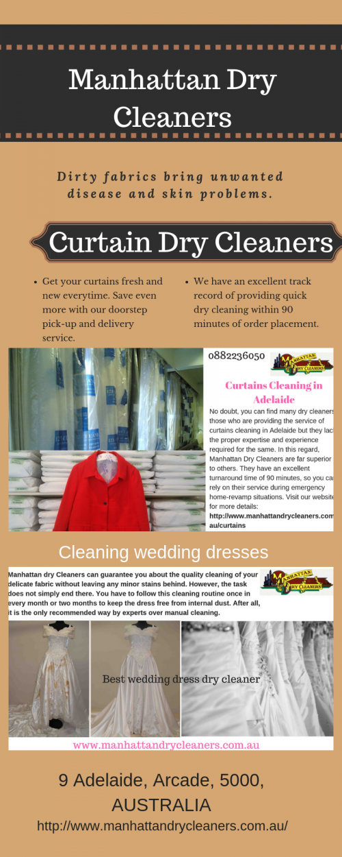 Are you looking for a wedding dress dry cleaner in Adelaide? Don’t look any further; you’re at the right place! Make your wedding dress look like newly-brought for every occasion by cleaning and preserving them well through our efficient and quick-acting dry cleaning service. Surprise-now we are into wedding dress designing too! Call us on 0882236050.