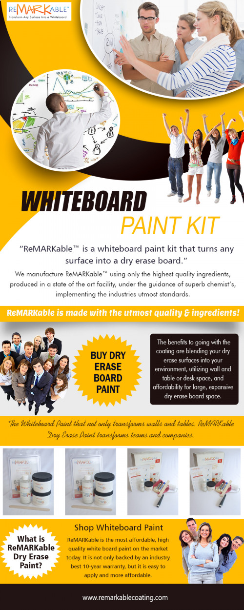 Save on your Dry Erase Paint Kit Purchase today at https://www.remarkablecoating.com/how-it-works/

Services:-
whiteboard paint kit
dry erase paint kit
white board paint kit
whiteboard coating
dry erase coating

For more information about our services, click below links-
https://www.remarkablecoating.com/buy-whiteboard-paint
https://www.remarkablecoating.com/whiteboard-wall-meetings-productive/

You can change any type of surface area right into a white boards wall surface that makes use of common dry-erase pens with ReMARKable's whiteboard wall surface paint and also with the cutting-edge ebeam SmartMarker you can currently capture your notes, share them as well as stream them straight from your whiteboard surface area. The incredible innovation will change all conferences as well as aid to turn your suggestions right into fact. White Board Paint Kit have actually constantly been great to assist us develop aesthetic help, understand concepts and brainstorm concepts, and, currently, with the mixed force of Impressive and eBeam, your wall surfaces have simply gotten back at much more powerful. 

Contact Us:- 8009362159

Social:
https://plus.google.com/u/0/communities/113057645564100783624
https://www.youtube.com/user/RemarkableCoating
https://dryrasepaint.wordpress.com/
http://dryerasepaint.tumblr.com/
https://en.gravatar.com/dryrasepaint