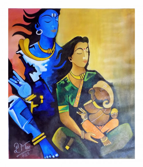 In the beautiful modern Indian traditional painting of Lord Shiva and Goddess Parvati with their child Lord Ganesha, the artist depicts the most important thing in the word which is love and Family. More to Know: https://www.indianartideas.in/artwork/14874