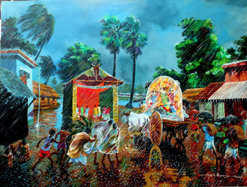 Here artist depicted a situation where before the Puja celebration rain has started and so the idol of Goddess Durga is covered with plastic to avoid its damage as it is made up of clay and people hide from the rain. More to know: https://www.indianartideas.in/artwork/13680