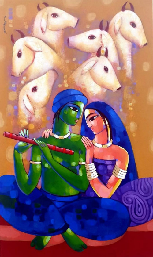 Through this unique painting, the artist depicts the love of a village couple who are enjoying the music together. To create this painting, the artist used vibrant acrylic colors. More to know: https://www.indianartideas.in/artwork/14301
