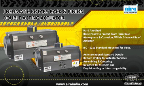 Aira euro automation is a leading manufacturer and exporter of Double Acting Pneumatic Actuator in India. We have a wide range of pneumatic actuators to fulfill your industrial requirements.visit https://www.airaindia.com/pneumatic-rotary-actuator-double-acting/