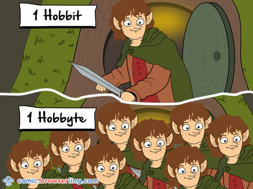 There are eight hobbits in a hobbyte.

For more coder comics visit comic.browserling.com. New programmer comics every week!