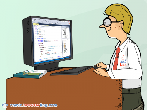 Why do Java developers wear glasses? ... Because they don't C#.

For more coder comics visit comic.browserling.com. New programmer comics every week!