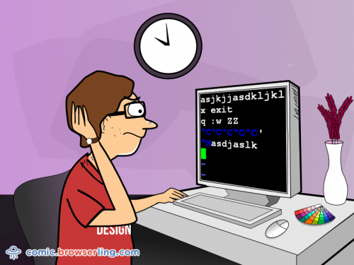 How do you generate a random string? ... Put a web designer in front of VIM and tell him to save and exit.

For more coder comics visit comic.browserling.com. New programmer comics every week!